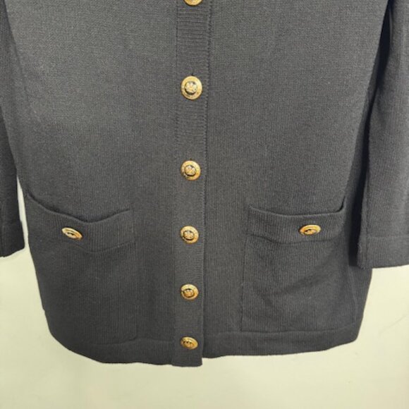 St. John Basics Santana Long Black Button Cardigan Sweater Gold Buttons Medium - Picture 2 of 5
